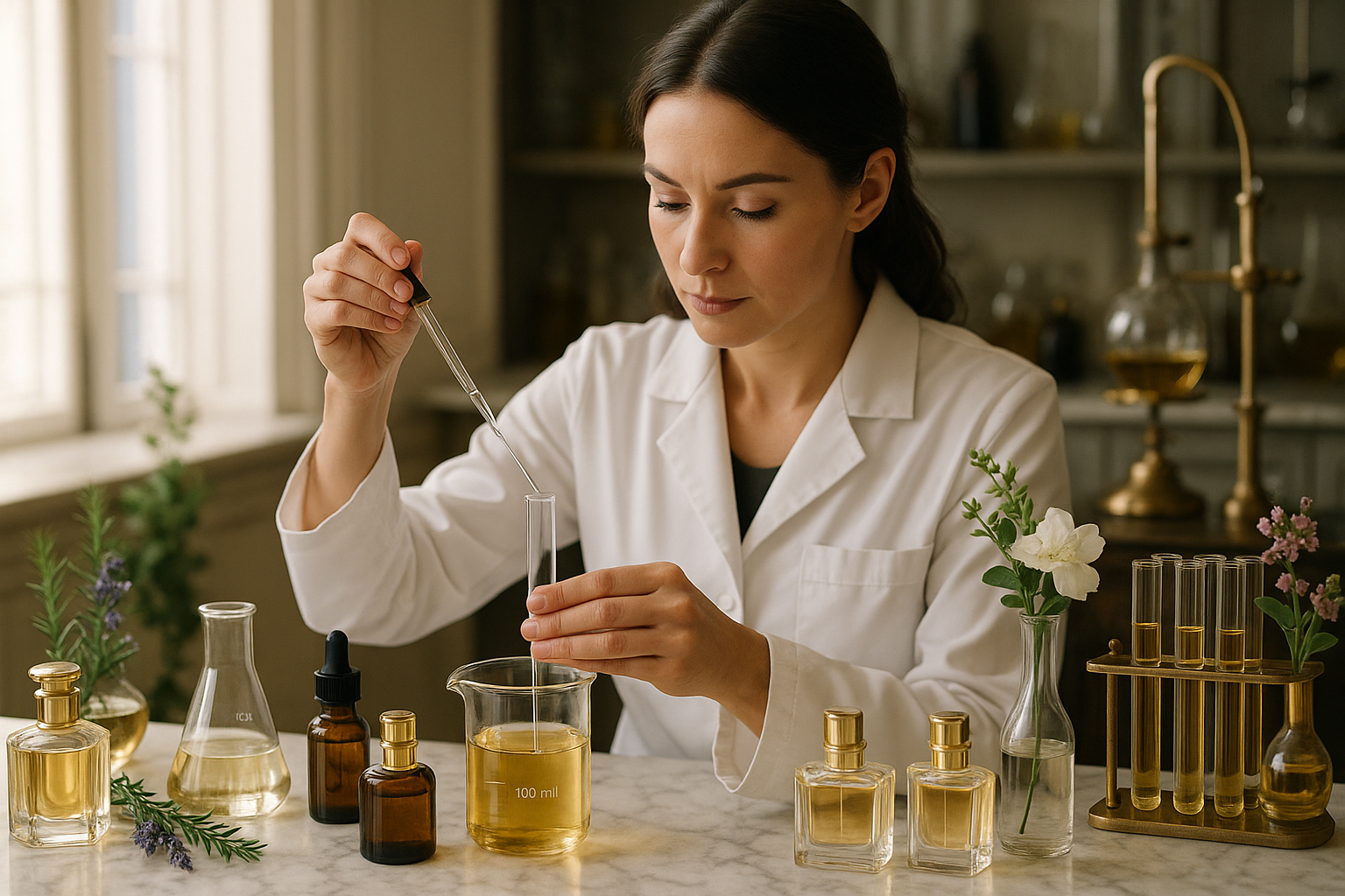 UNA MUJER CREANDO LA FORMULA DE UN PERFUME 